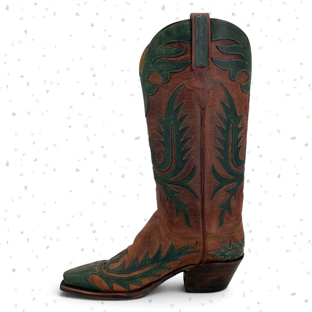 Vintage Lucchese Classics Western Boot Cowboy Green Overlay Brown Leather Size 6 - Picture 6 of 15